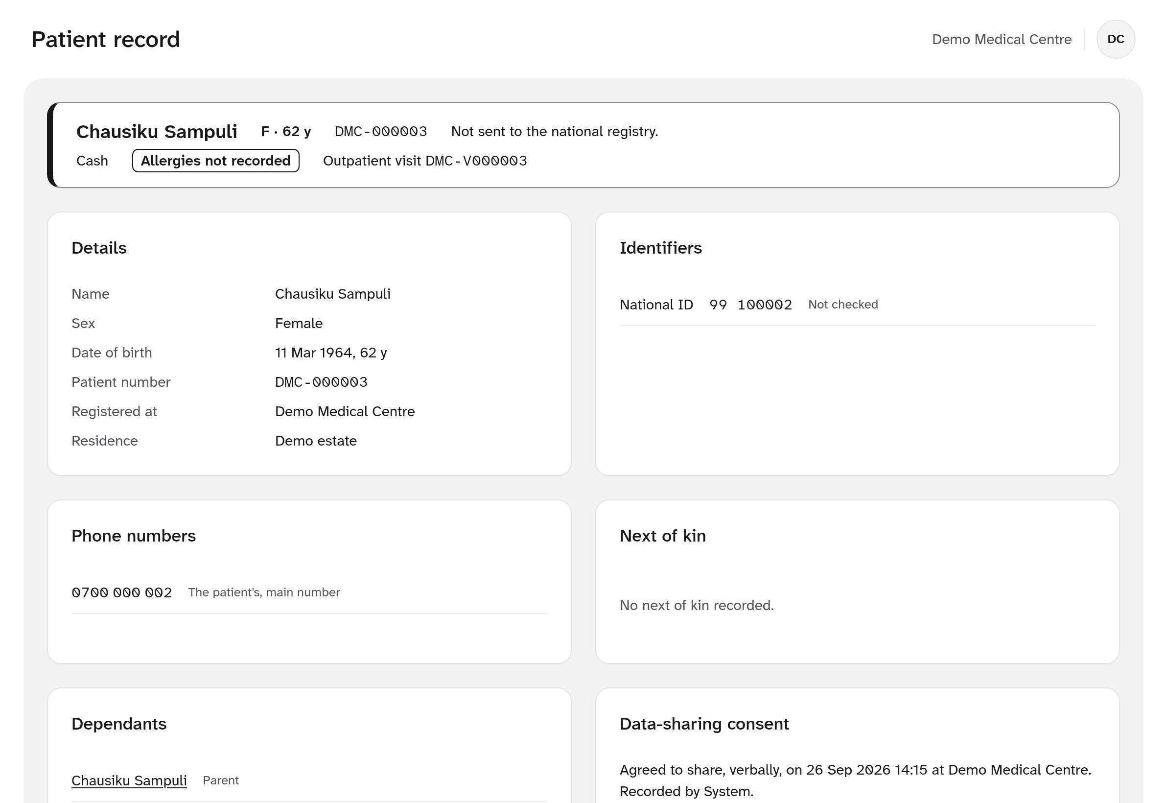 A patient record with the patient banner, details, identifiers, phone numbers and data-sharing consent